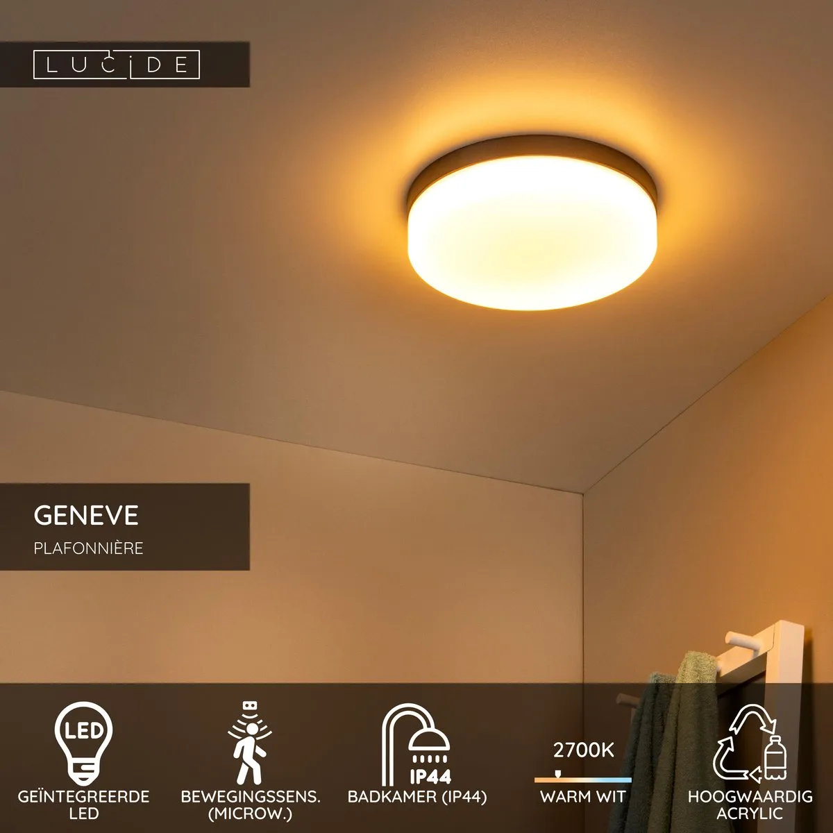 Lucide Genève Plafondlamp Badkamer Ø23cm - LED 12W 2700K IP44 Zwart