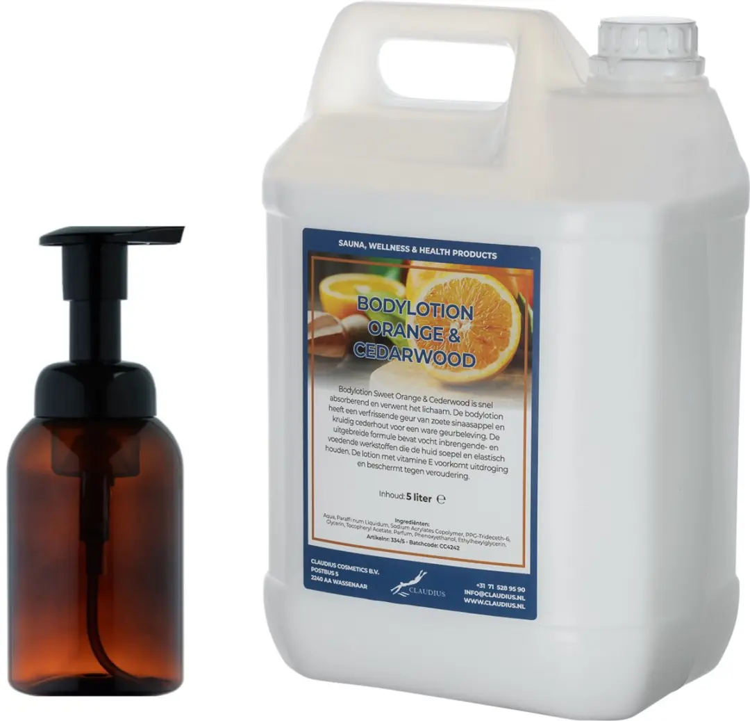 Splashbox Cosmetics Zeepdispenser 300ml + 5L Bodylotion Sweet Orange & Cedarwood