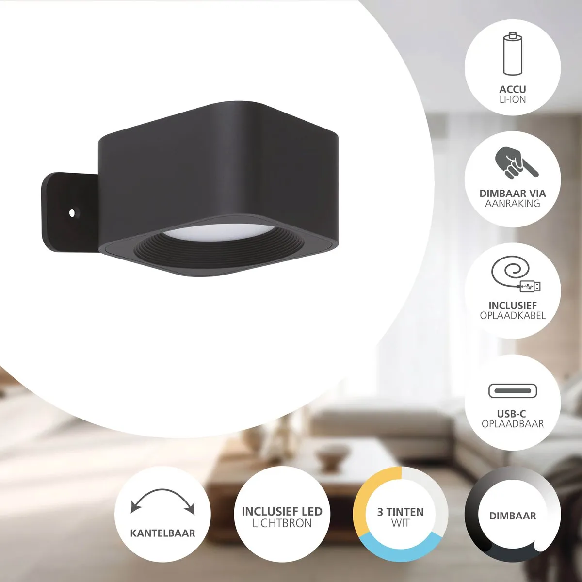 Eglo Muraglie Wandlamp - Oplaadbaar 24u - Zwart - Instelbaar 2765K