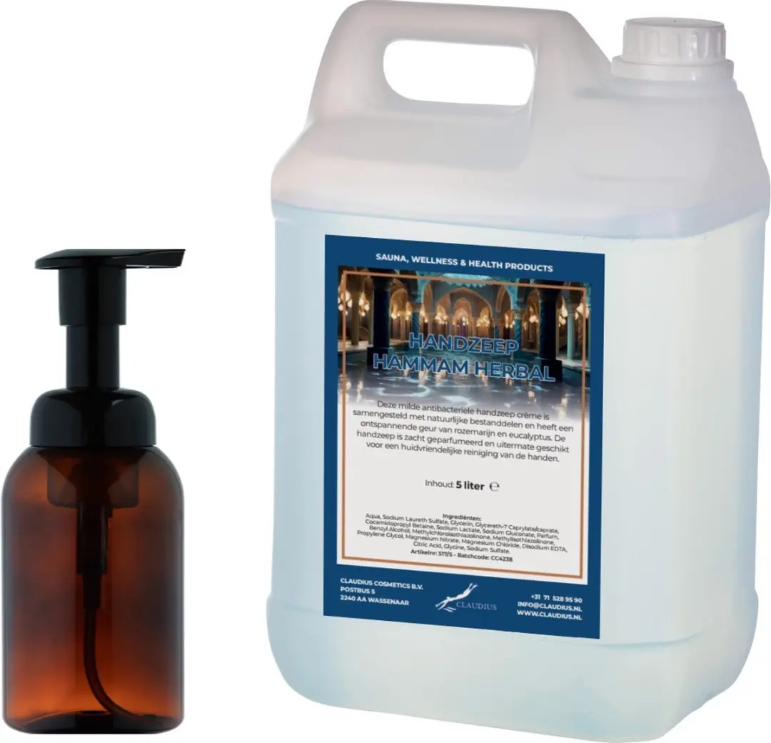 Splashbox Cosmetics Zeepdispenser 300ml + 5L Hammam Herbal Handzeep - 2 Stuks