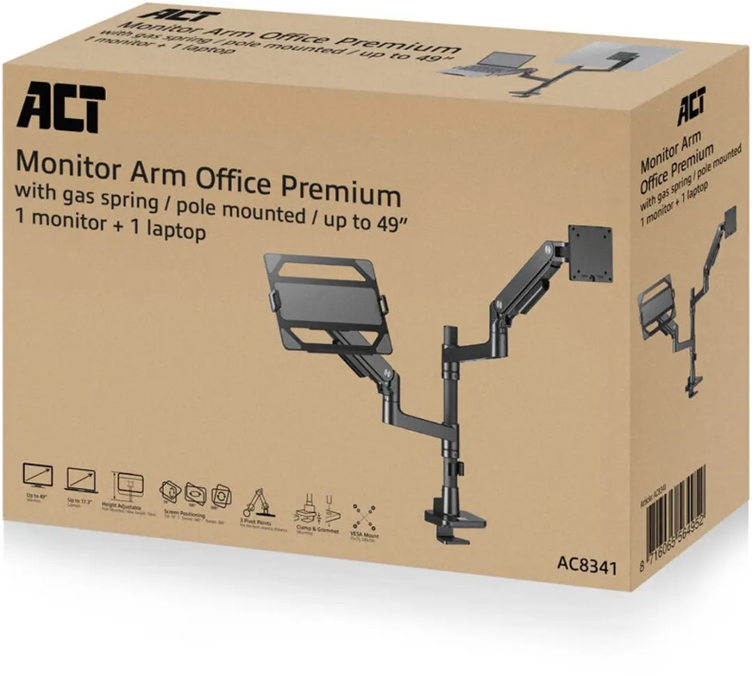 ACT Monitorarm AC8341 49" - 1 Monitor met Laptophouder - Gasveer - Zwart