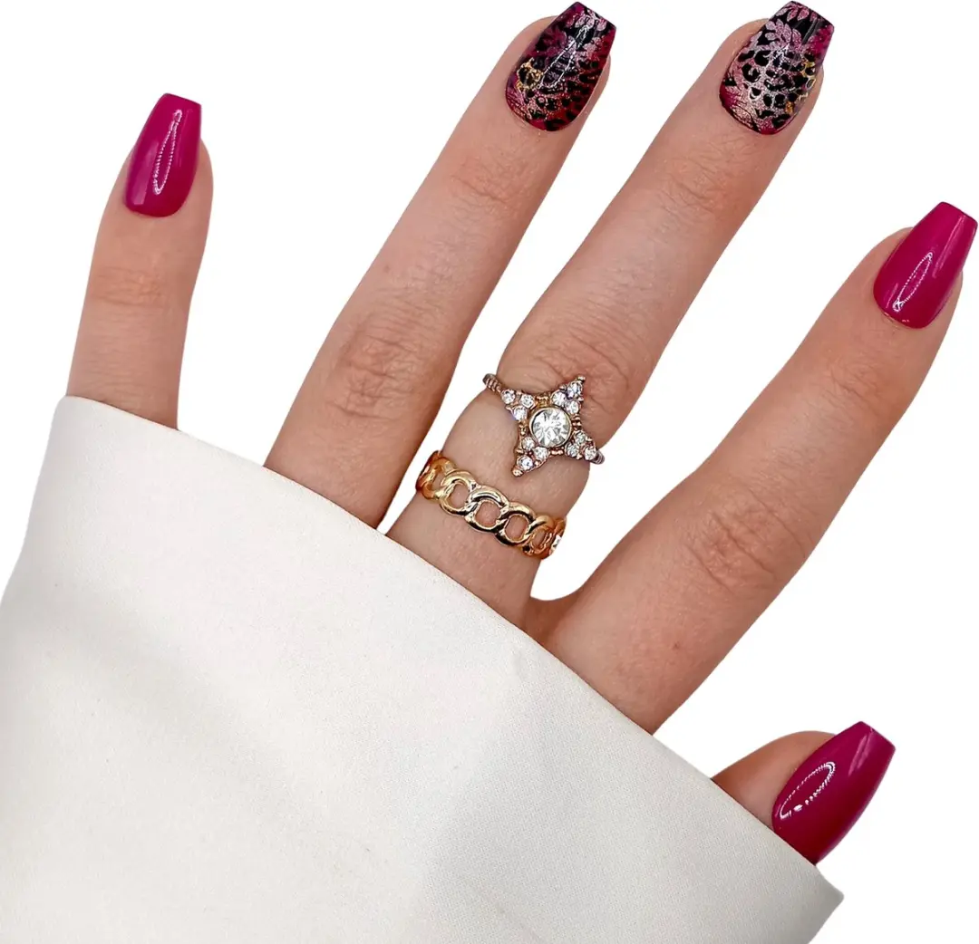 SD Press on Nails B-135 Magenta Glitter Coffin - 20 Stuks