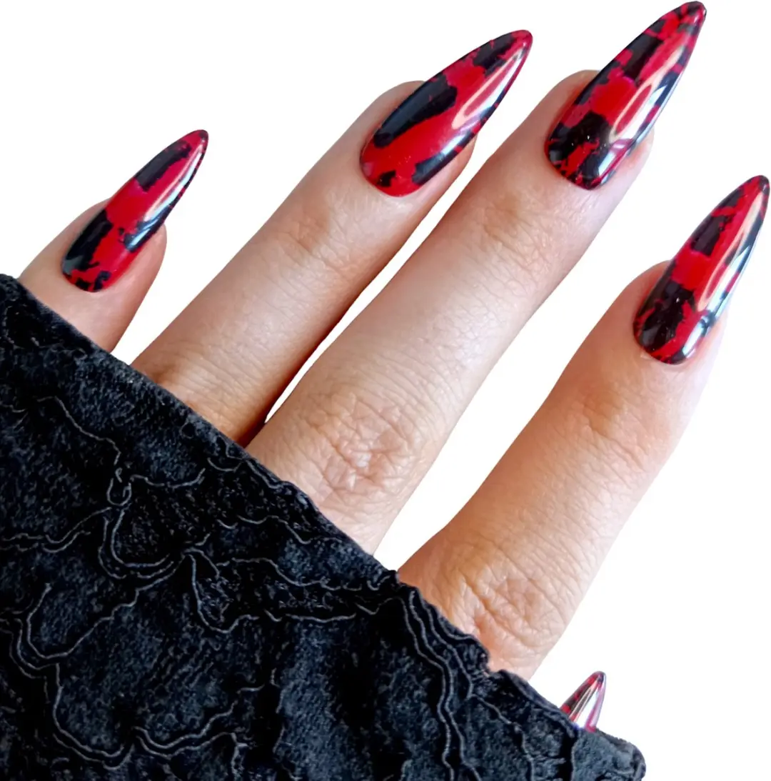 SD Press on Nails No. 43 Bad Blood XL Stiletto - 20 Stuks - Rood/Zwart Crackle