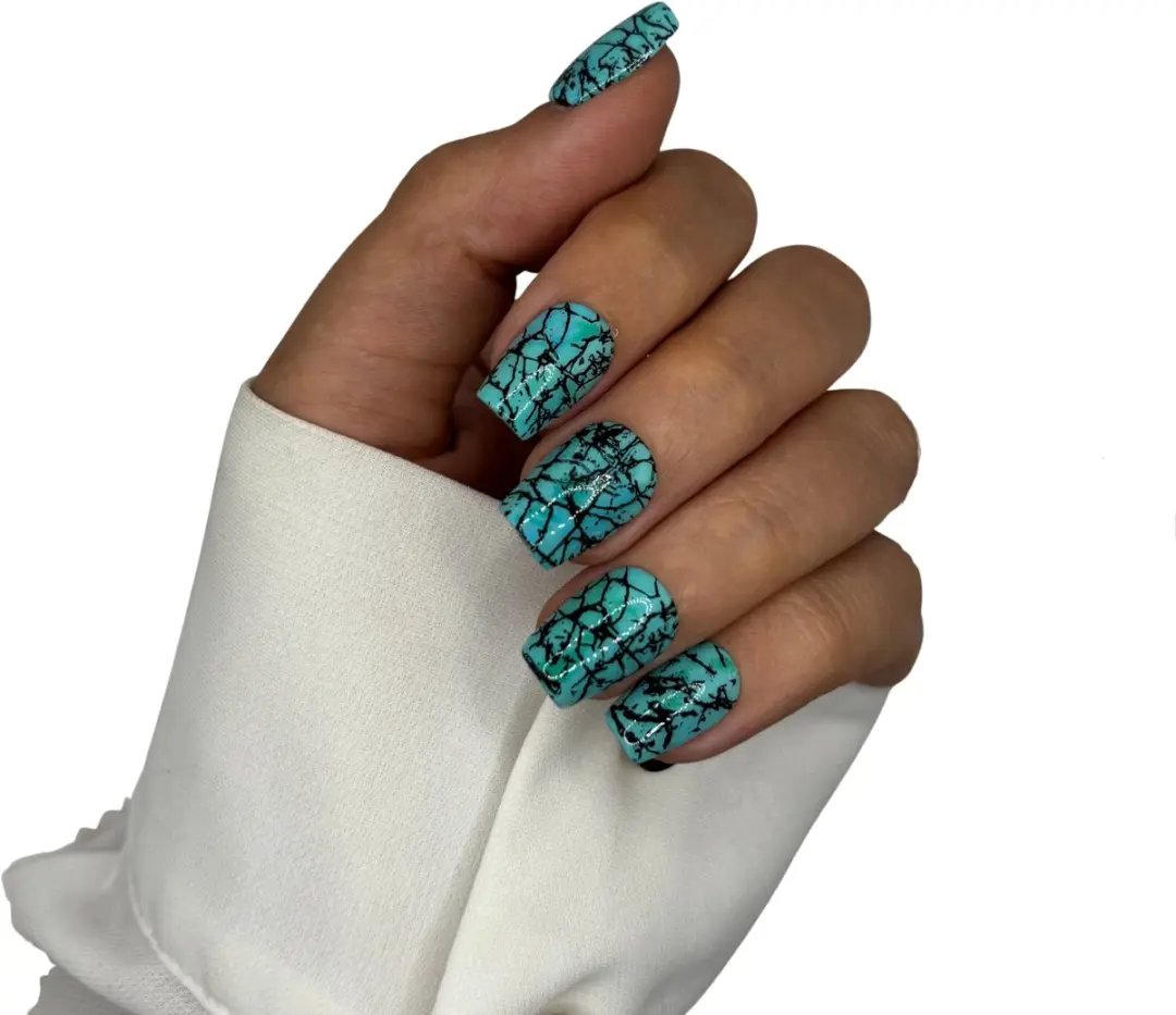 SD Press on Nails No. 50 Aqua Blauw Marble Nagelset - 20 Stuks XS Coffin