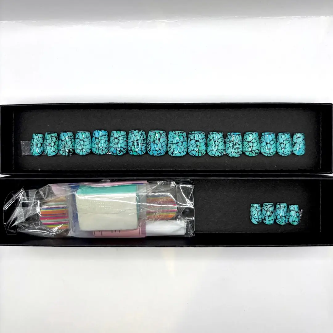 SD Press on Nails No. 50 Aqua Blauw Marble Nagelset - 20 Stuks XS Coffin - afbeelding 6 van 6