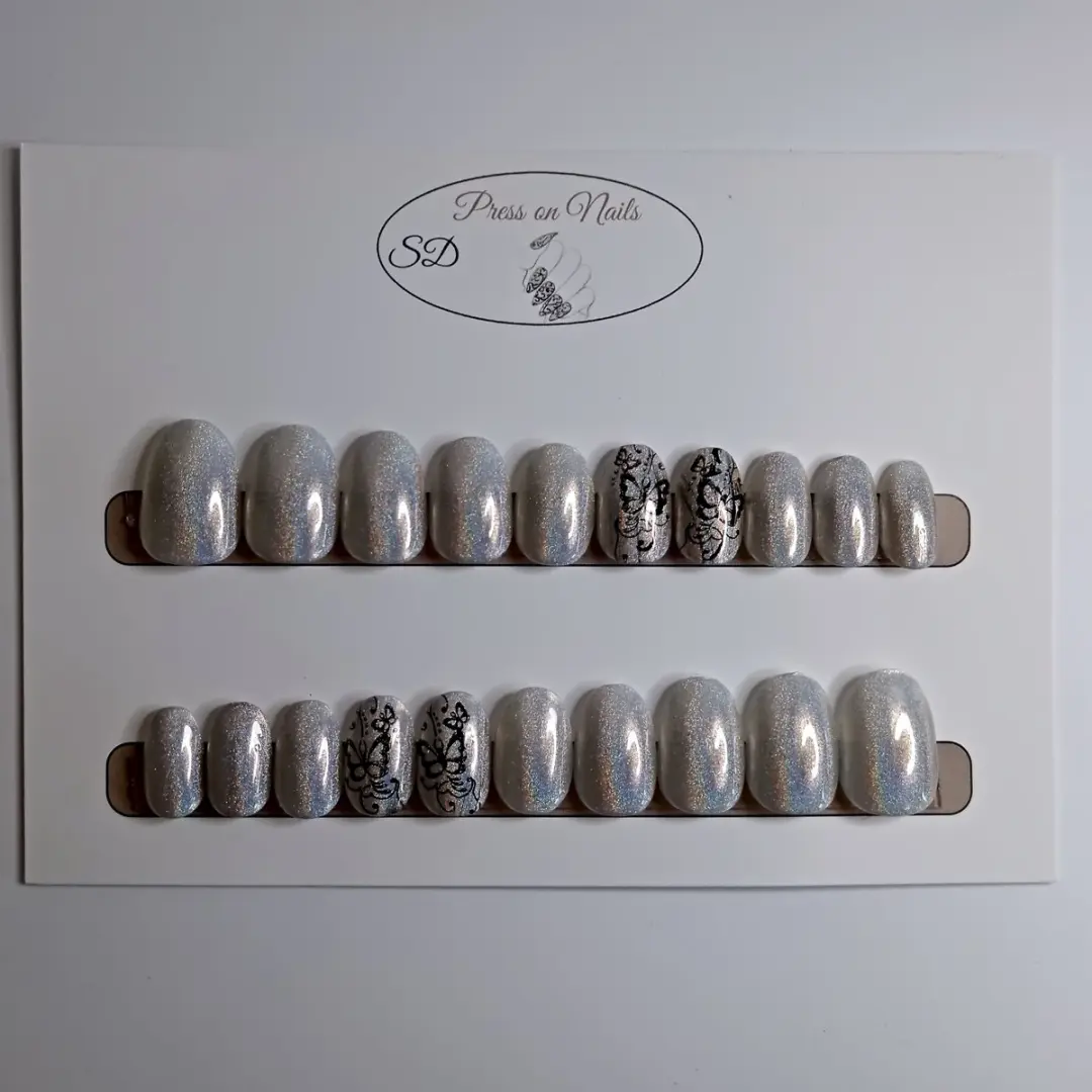SD Press on Nails B-110 Holografisch Zilver Vlinder Nagelset - 20 Stuks