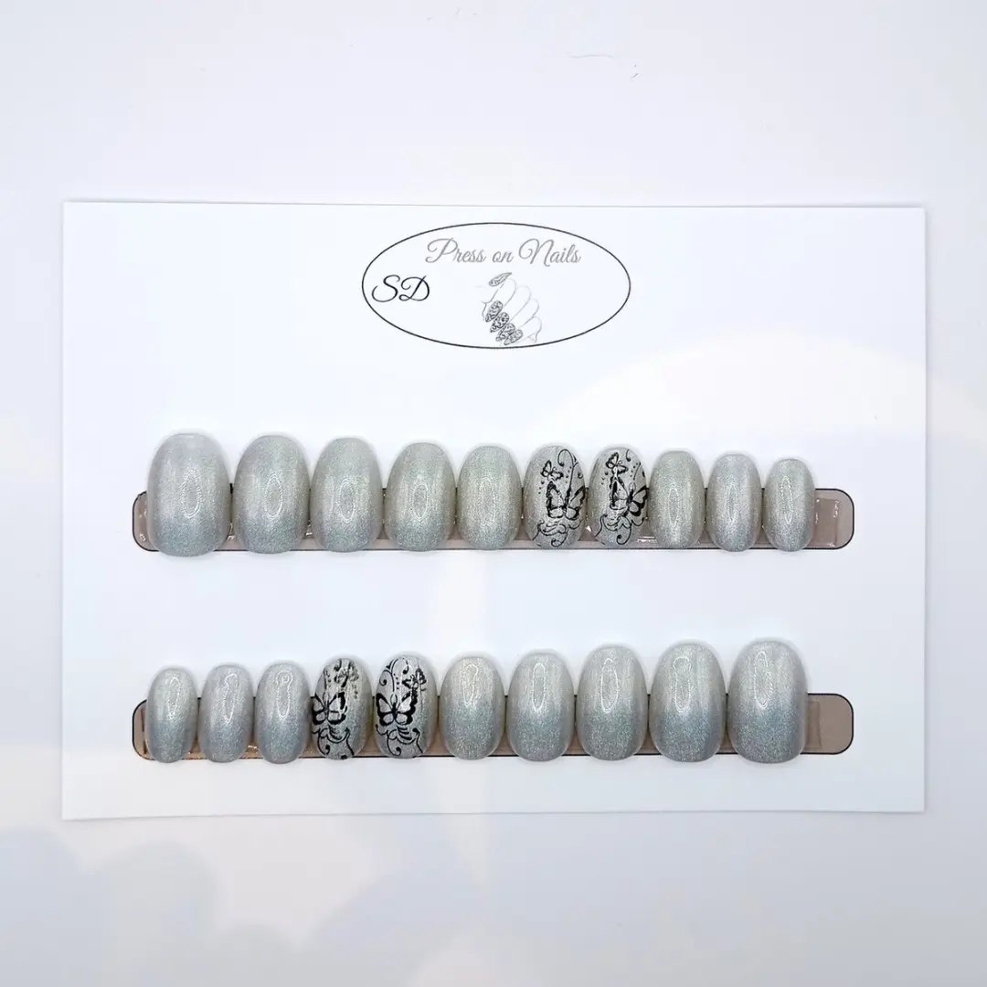 SD Press on Nails B-110 Holografisch Zilver Vlinder Nagelset - 20 Stuks