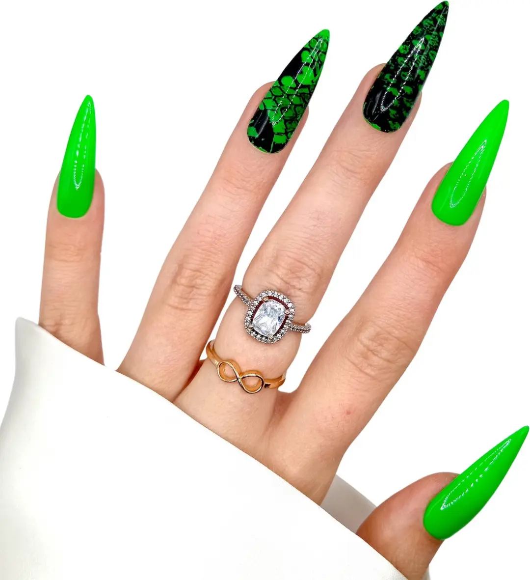 SD Press on Nails B-158 Plaknagels XL Stiletto - Groen/Zwart Print - 20 Stuks