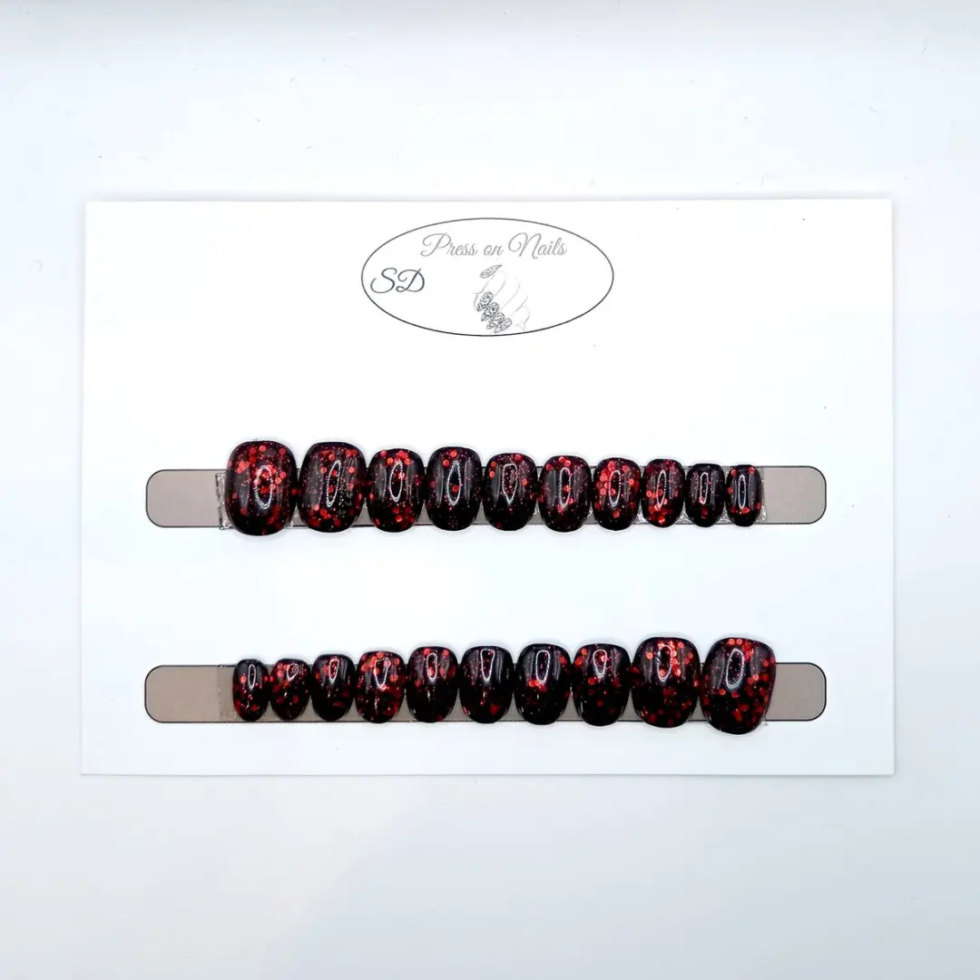 SD Press on Nails Zwart Glitter Rood Nagelset - 50g