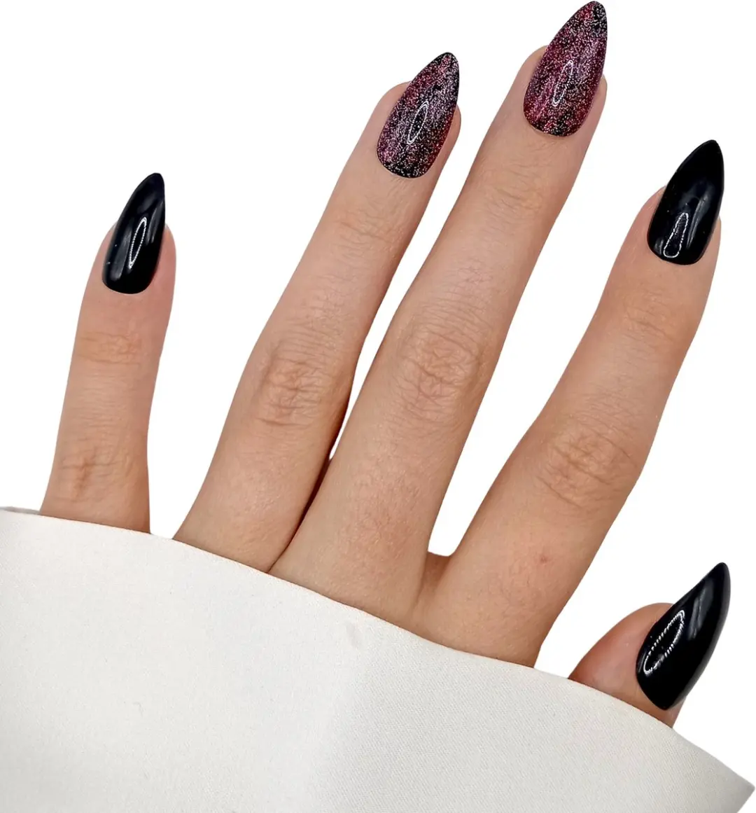 SD Press on Nails B-65 Plaknagels - 20 Stuks Zwart met Rode Glitters