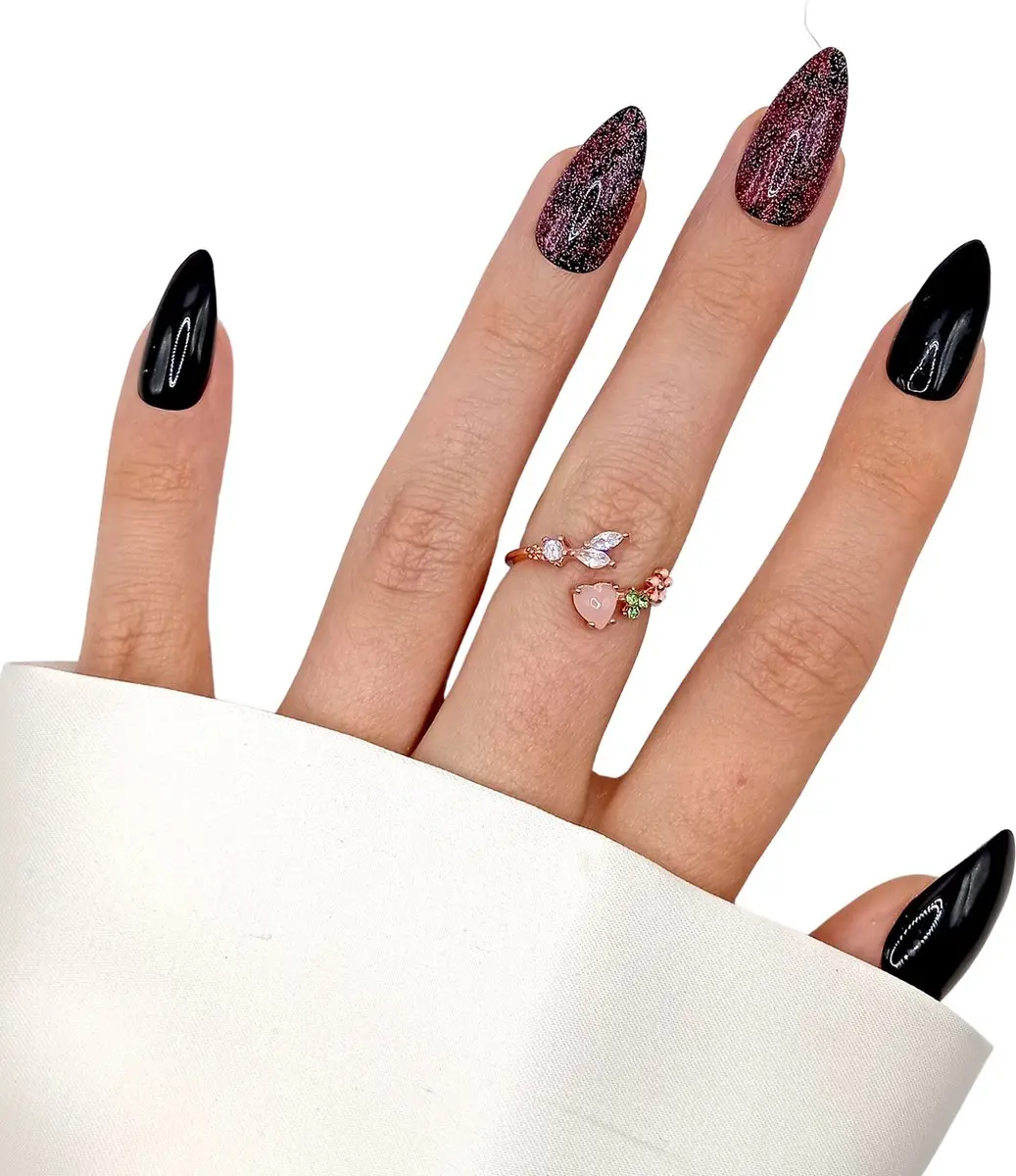 SD Press on Nails B-65 Plaknagels - 20 Stuks Zwart met Rode Glitters - afbeelding 6 van 6