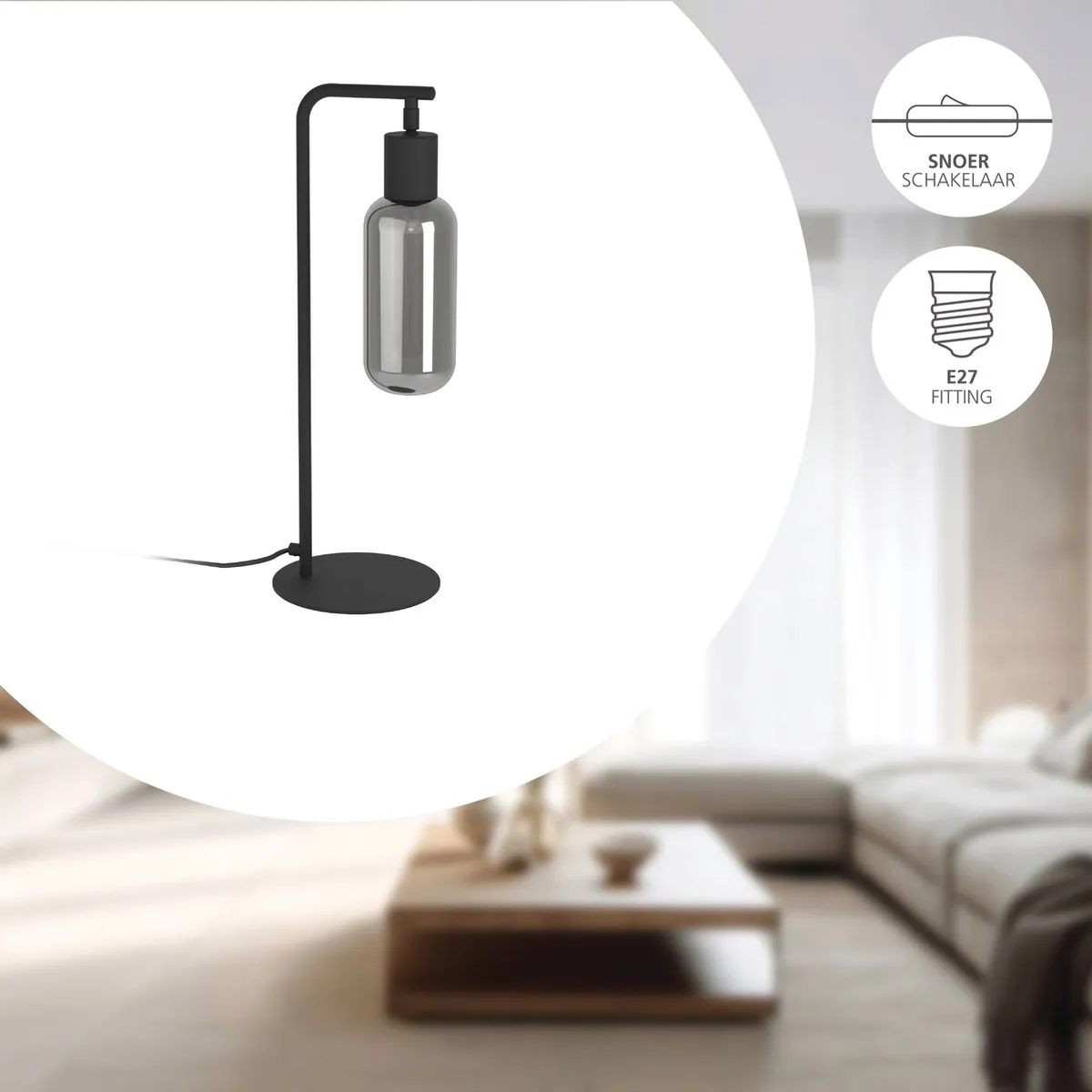 Eglo Majone Tafellamp E27 - 50,5 cm - Zwart/Grijs Smoke Glas