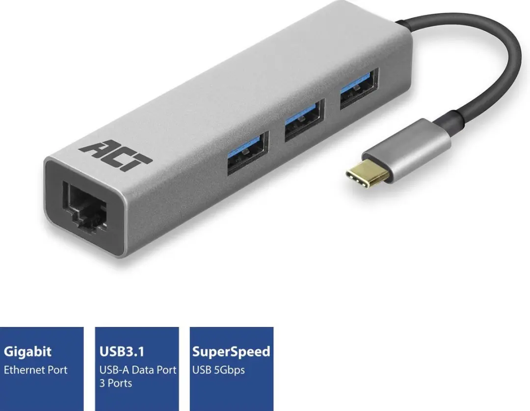 ACT AC7055 USB-C Hub 3.0 - 3x USB-A + Gigabit Ethernet - Zilver