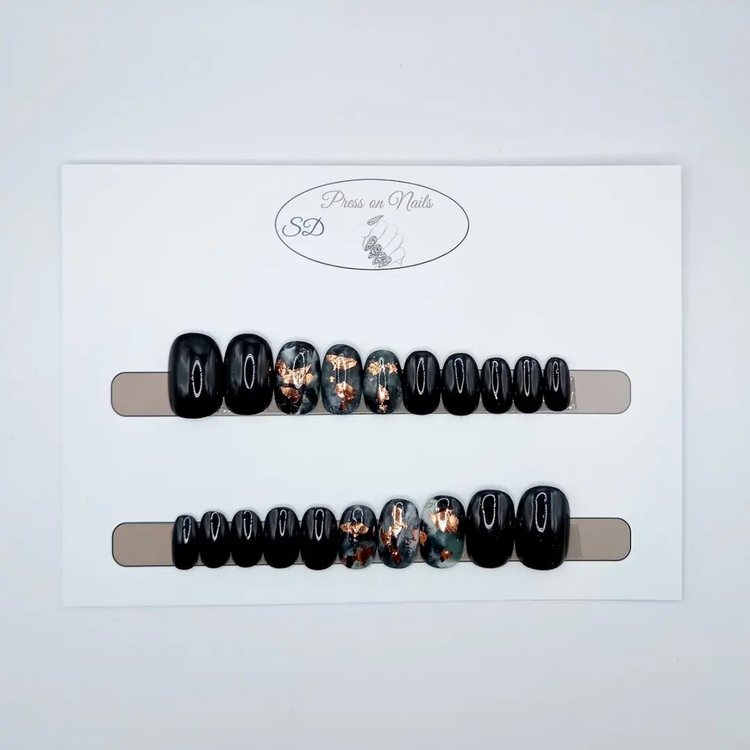 SD Press on Nails B42 Plaknagels - 20 Stuks - Zwart Groen Marble Foil