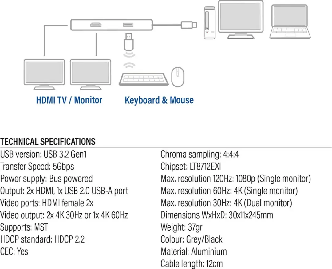 ACT AC7013 USB-C 4K Adapter - 2x HDMI - USB-A - afbeelding 6 van 6