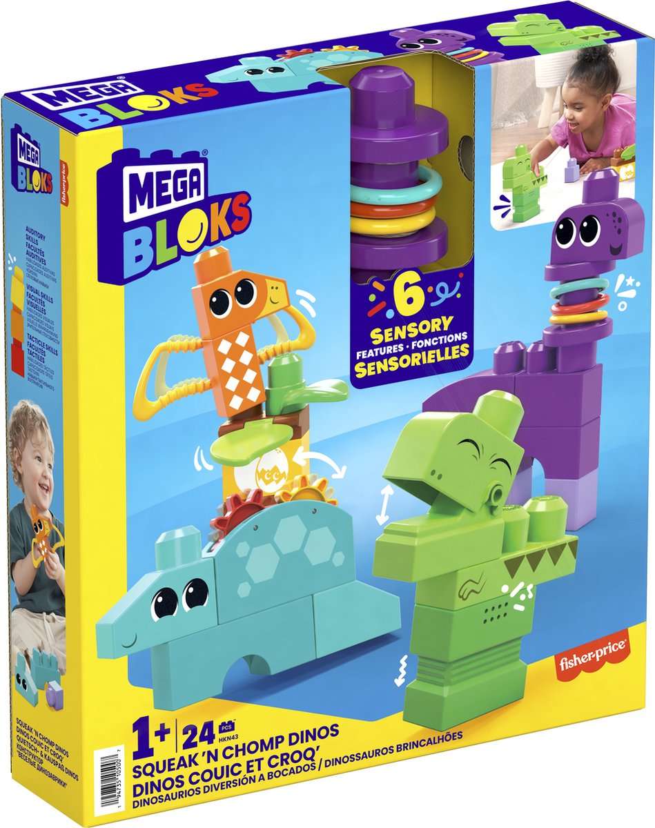 MEGA BLOKS Piep en Knars Dino's - Zintuiglijke bouwset voor peuters 1-3 jaar