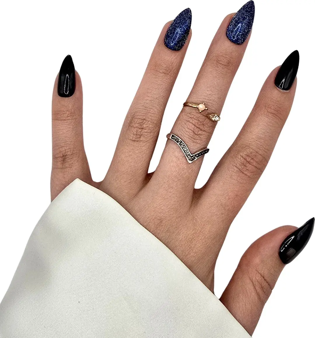SD Press on Nails B-260 Nepnagels - 20 Stuks - Zwart Blauw Glitter - Medium Stiletto