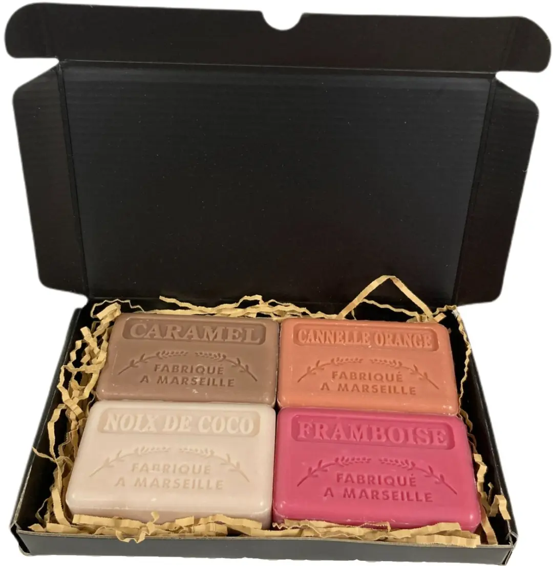 Savon de Marseille Brievenbuscadeau - 4x125g - Karamel/Kaneel/Sinaasappel/Kokos/Framboos