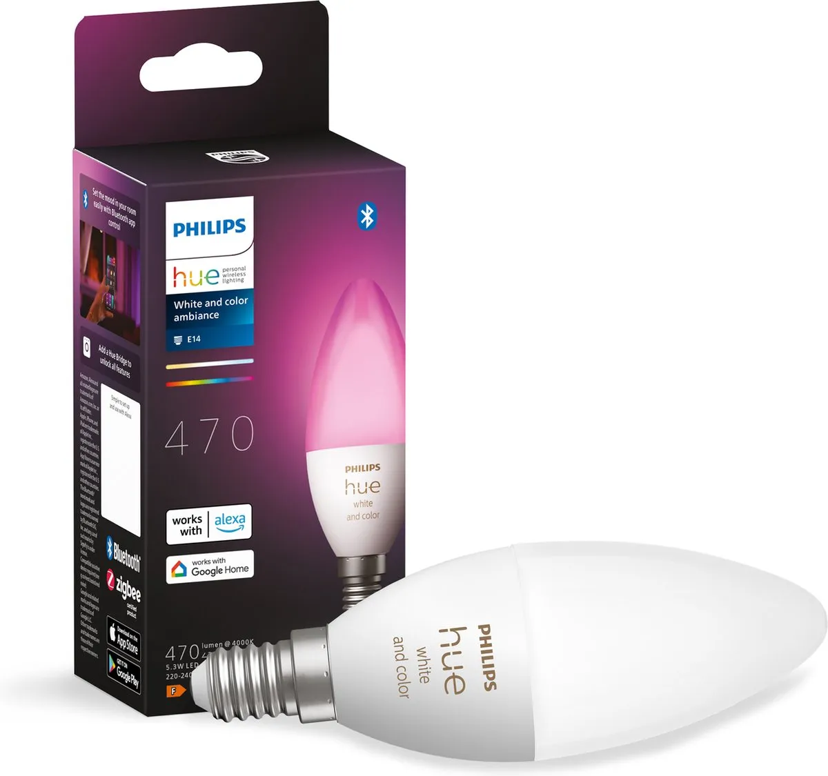 Philips Hue Kaarslamp E14 RGBW 5,3W - Mat - Bluetooth