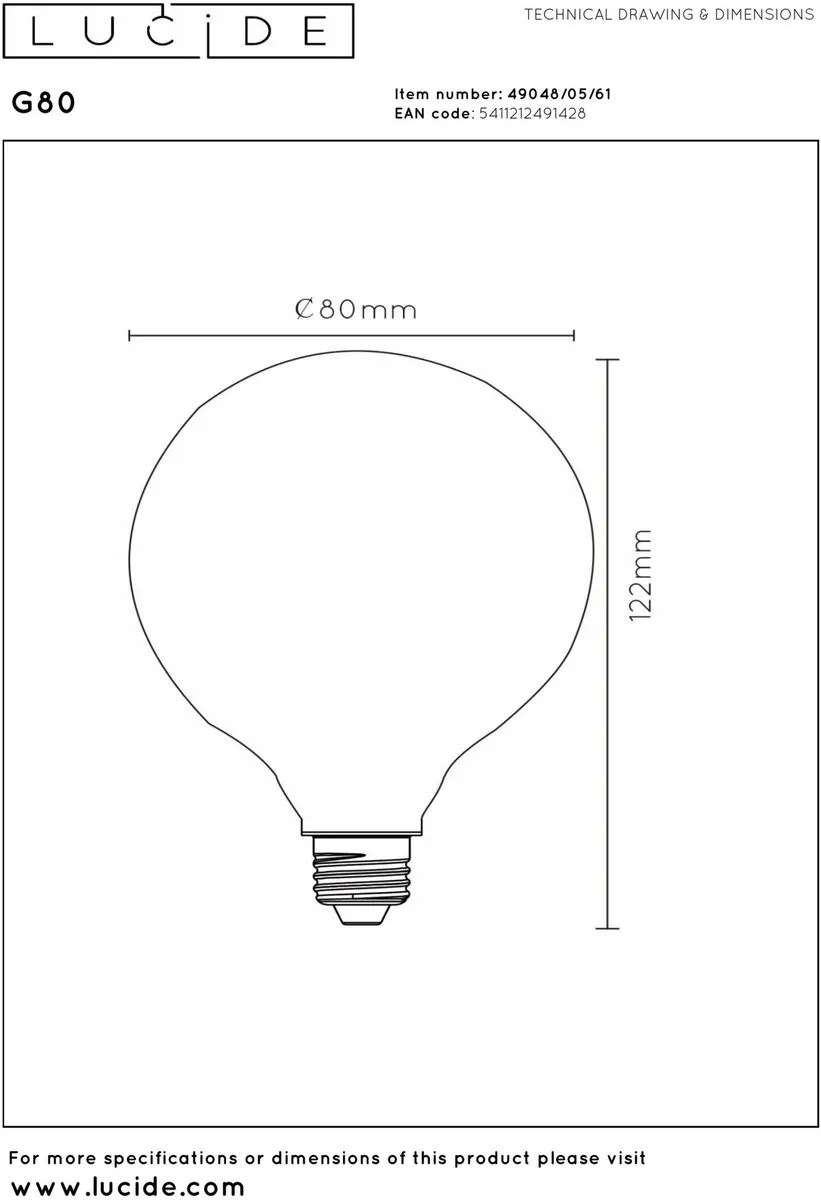 Lucide G80 LED Filamentlamp - 4,9W 2700K - Ø8cm Rookglas