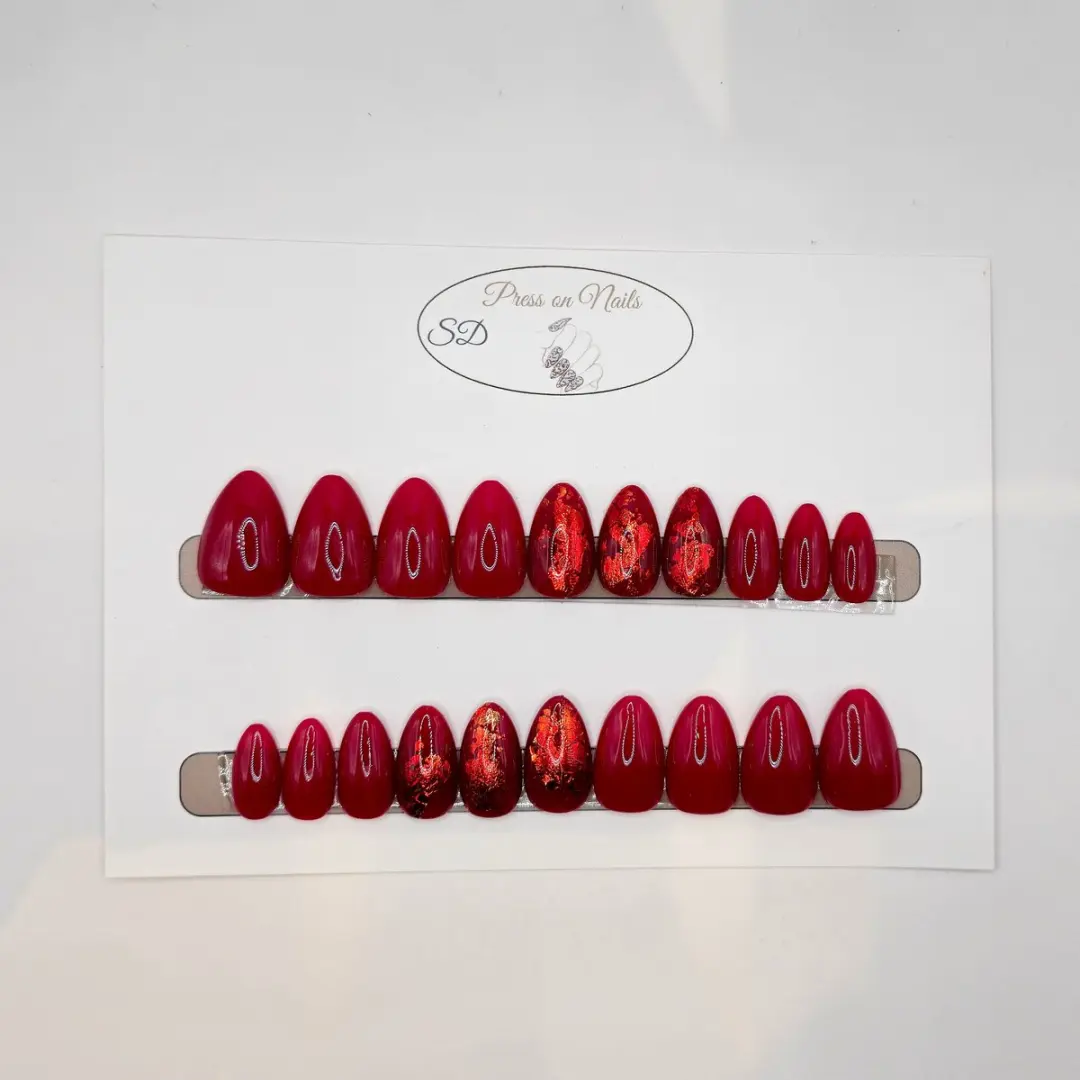 SD Press on Nails B-251 Plaknagels - 20 Stuks - Rood Flakes