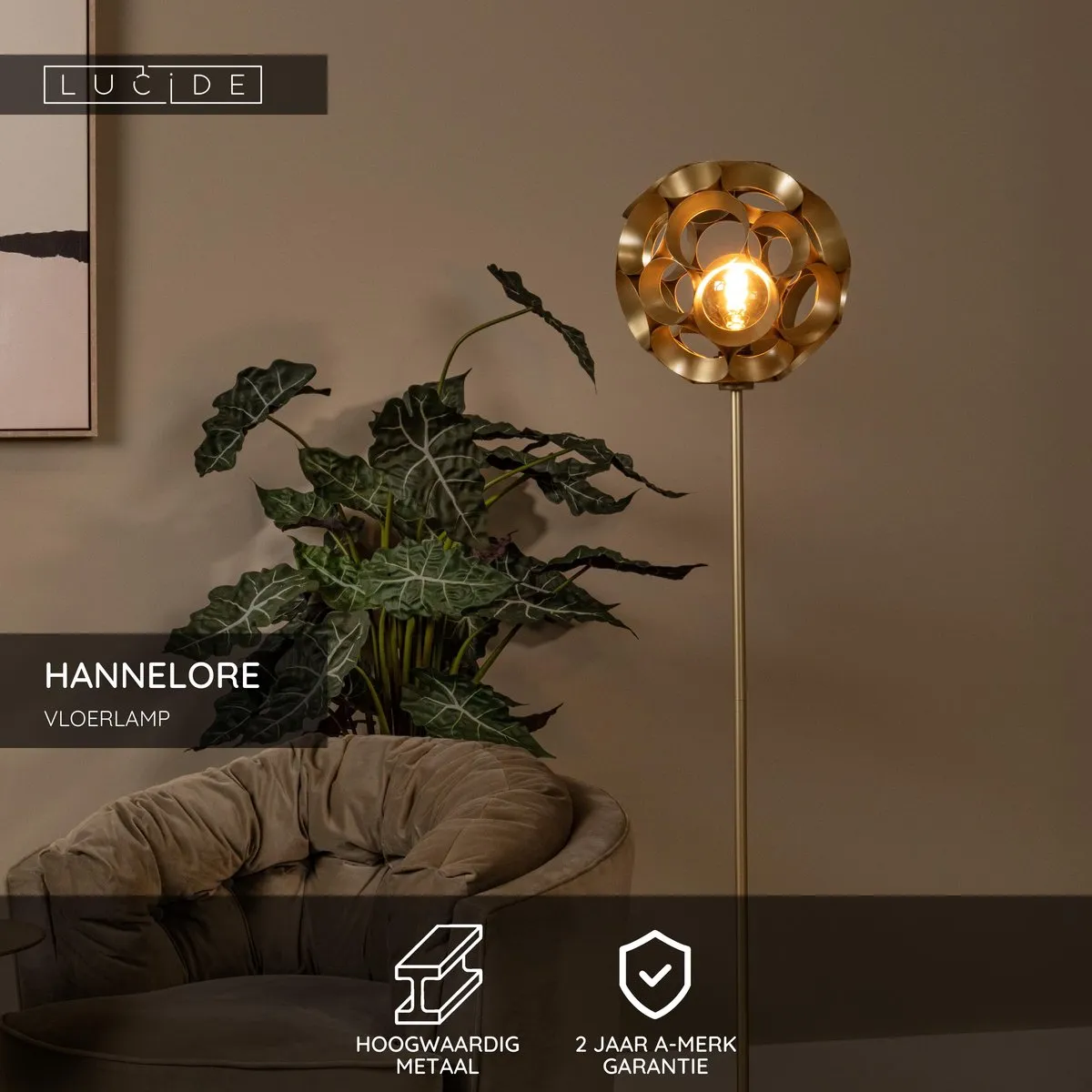 Lucide HANNELORE Vloerlamp Ø30cm - Mat Goud/Messing