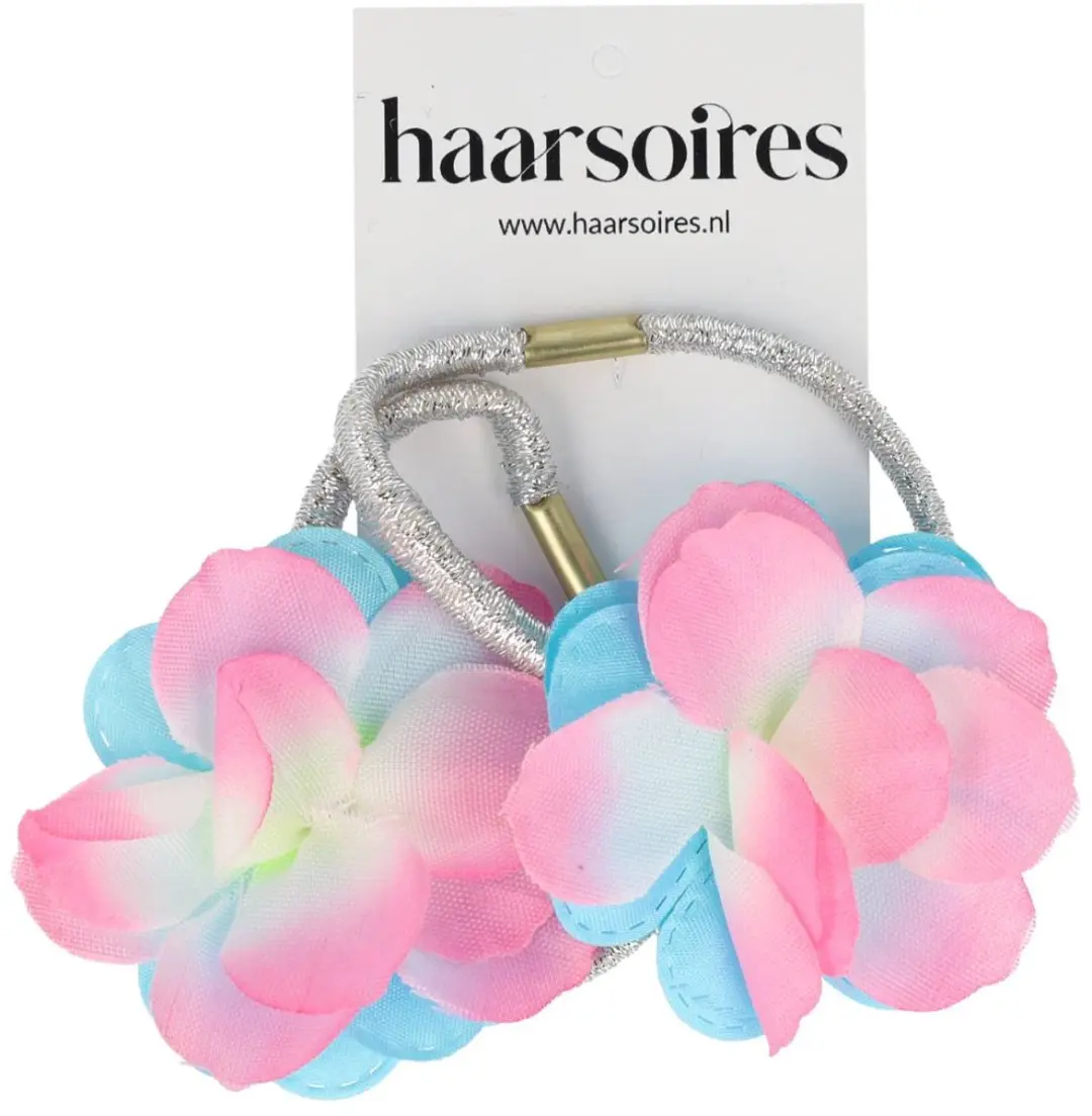 Haarsoires Haarelastieken Bloem 5cm - Zilver/Blauw/Rosa - 2 Stuks
