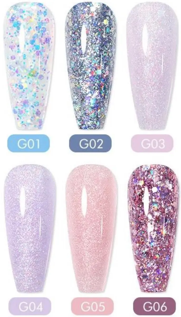 Born Pretty Polygel Starterkit Glitter - 6x180ml - Licht blauw/grijs/roze/paars/nude