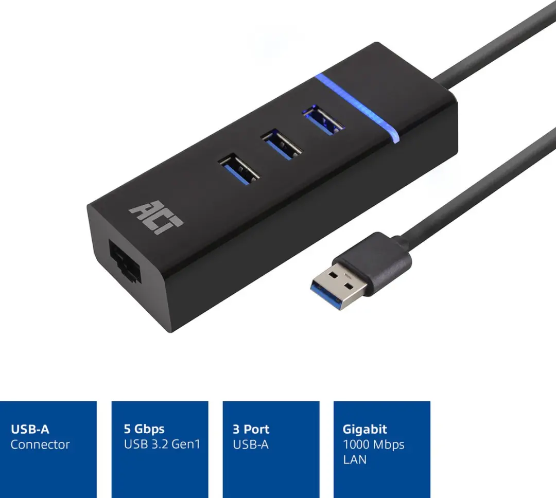 ACT AC6310 USB Hub 3.0 - 4 Poorten - Ethernet - Zwart