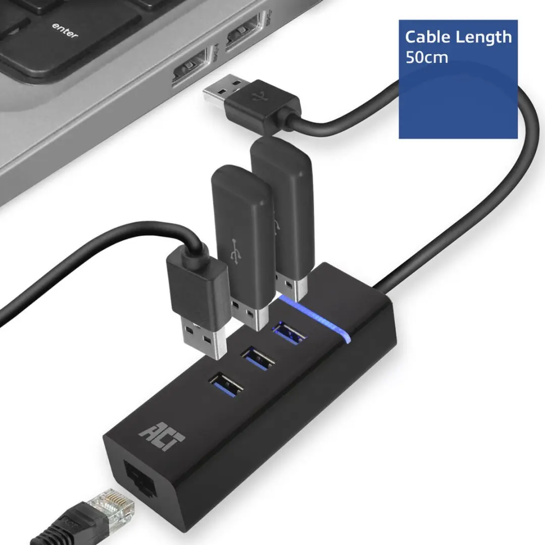 ACT AC6310 USB Hub 3.0 - 4 Poorten - Ethernet - Zwart
