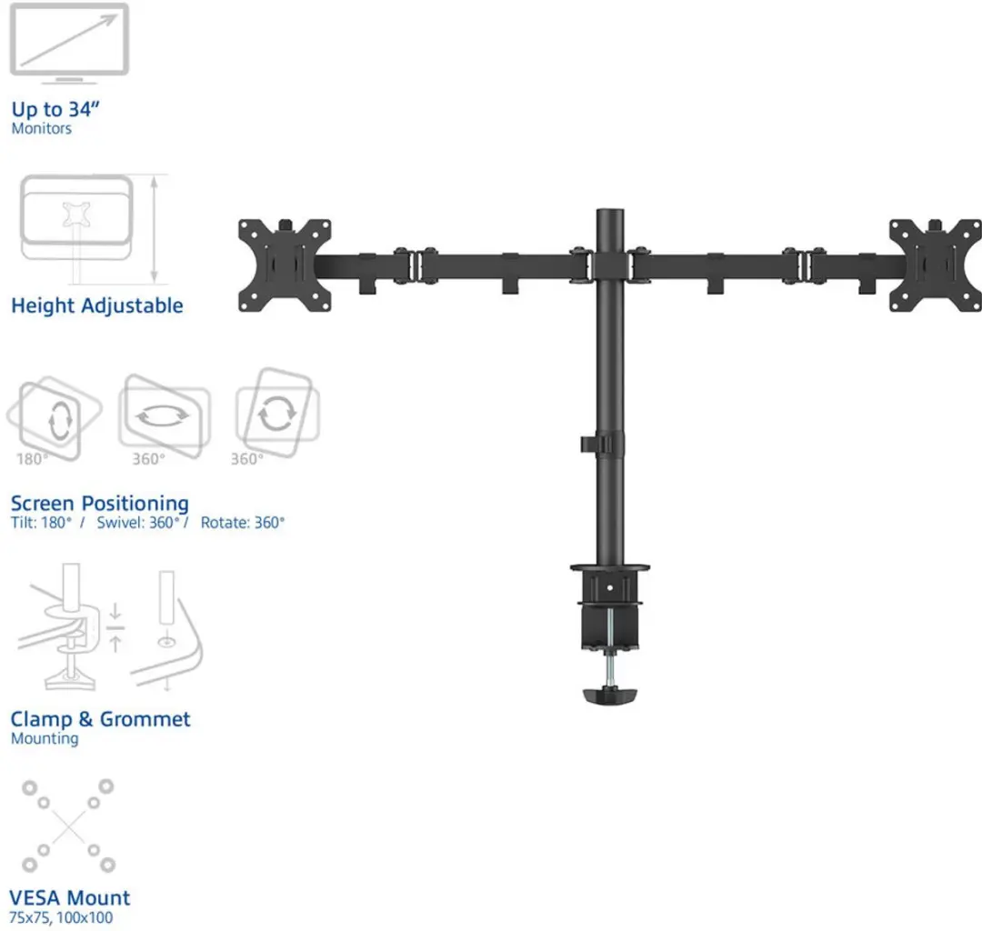 ACT Monitorarm AC8302 - 2x 34" - Draaibaar/kantelbaar - Zwart - afbeelding 6 van 6