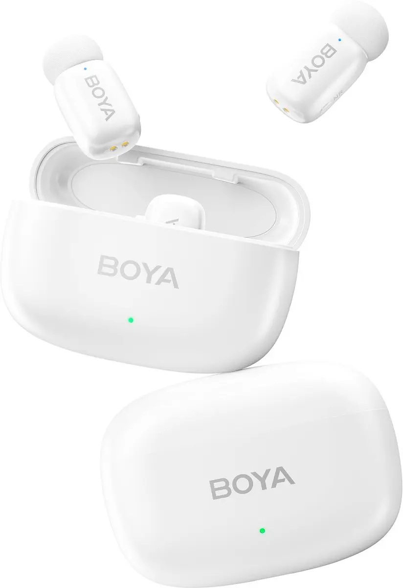Boya Mini-13 2.4GHz Draadloos Microfoonsysteem - 2 Zenders + Ontvangers - Wit
