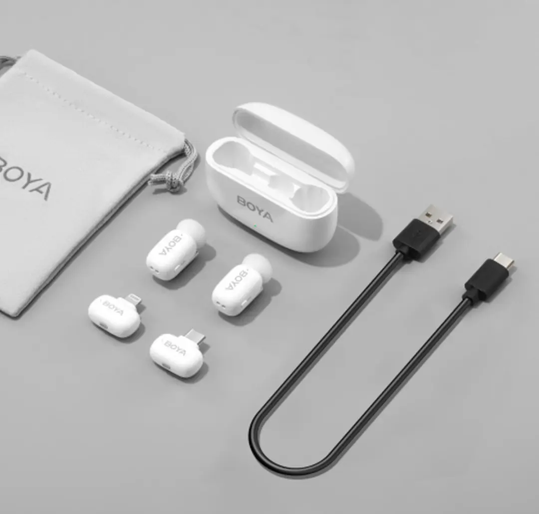 Boya Mini-13 2.4GHz Draadloos Microfoonsysteem - 2 Zenders + Ontvangers - Wit