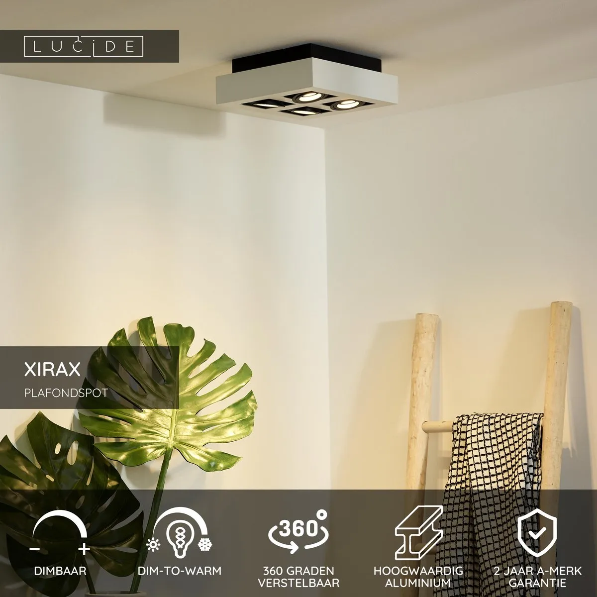 Lucide XIRAX Plafondspot LED Dim to Warm GU10 - 4x5W 2200K/3000K - Wit