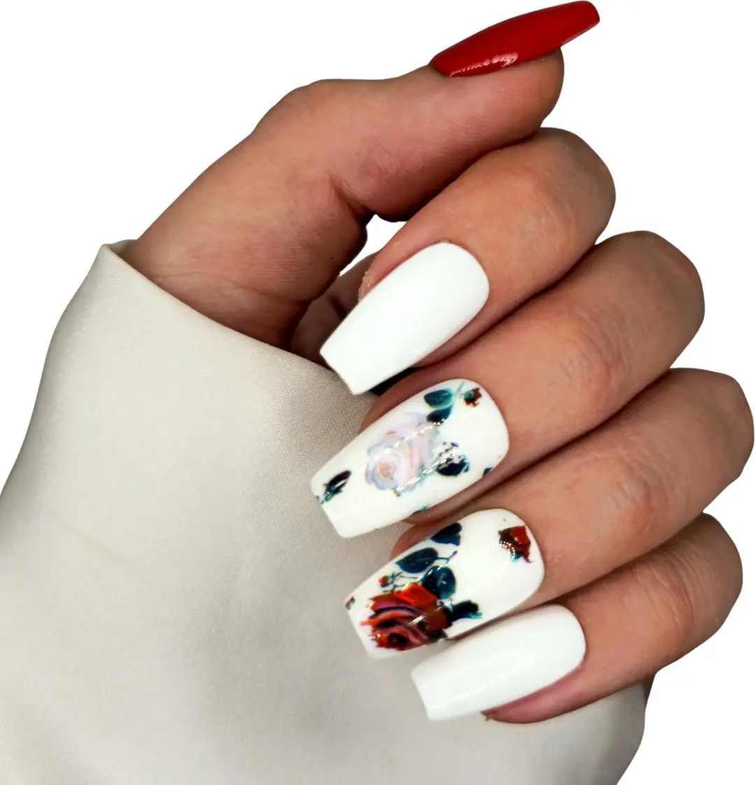 SD Press on Nails B-64 Medium Coffin Nagelset - 20 Stuks - Rood/Wit Roosjes