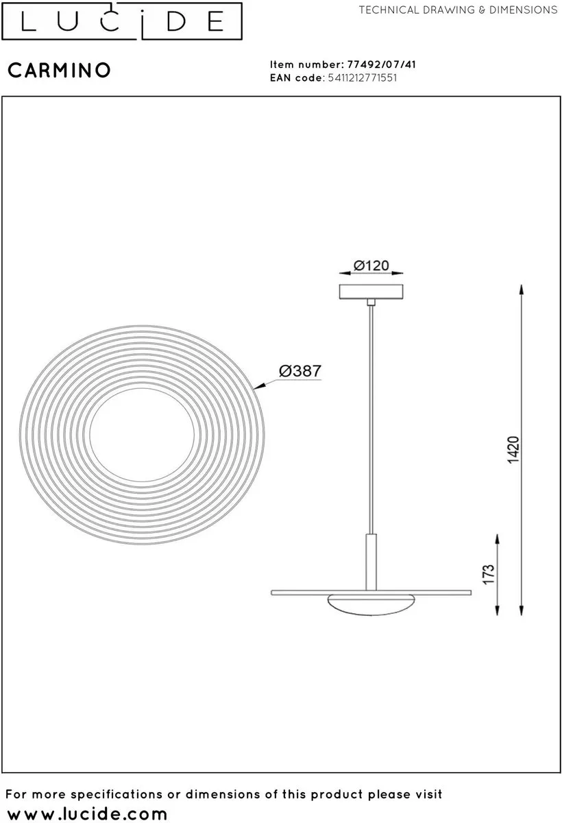 Lucide Carmino Hanglamp Ø38,7cm - 1x8W LED 2850K Taupe