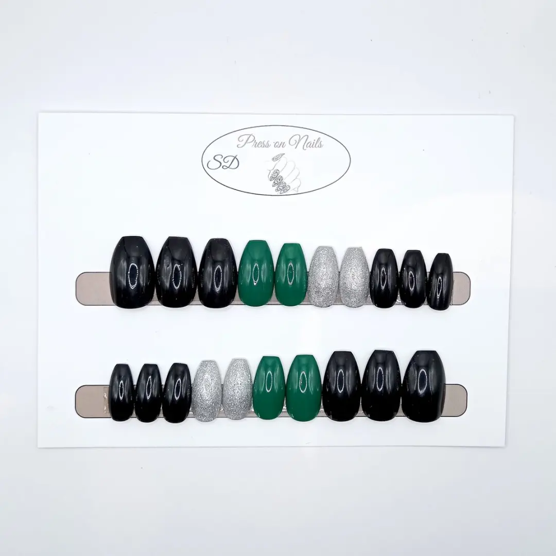 SD Press on Nails B-108 Plaknagels - 20 Stuks - Zwart/ Groen/ Zilver
