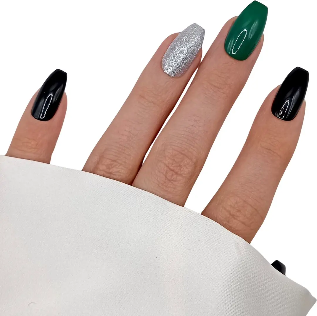 SD Press on Nails B-108 Plaknagels - 20 Stuks - Zwart/ Groen/ Zilver