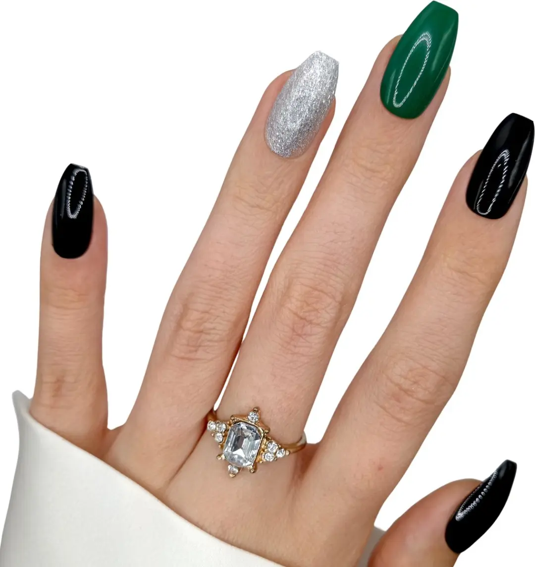 SD Press on Nails B-108 Plaknagels - 20 Stuks - Zwart/ Groen/ Zilver