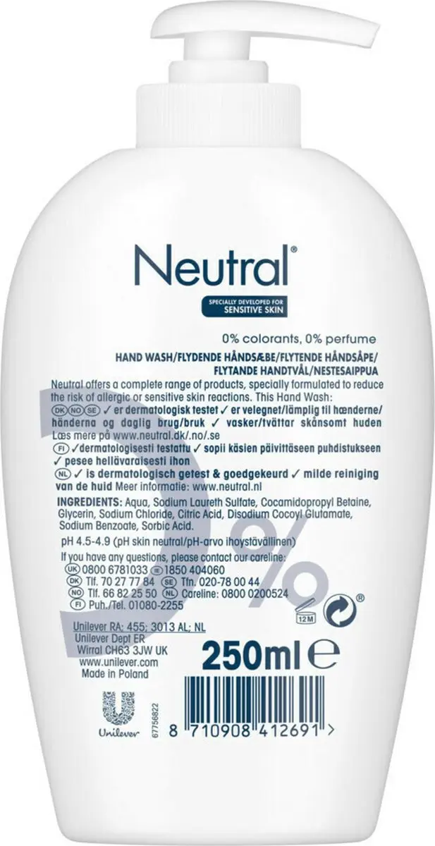 Neutral 0% Vloeibare Handzeep Parfumvrij - 6x250ml - afbeelding 6 van 6