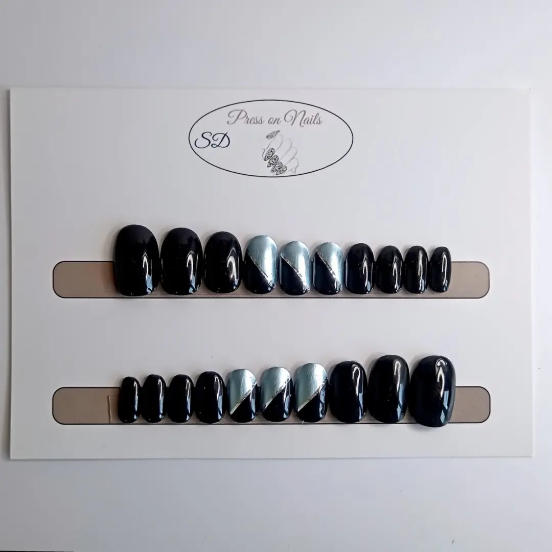 SD Press on Nails B47 Plaknagels - 20 Stuks - Zwart/Blauw Metallic