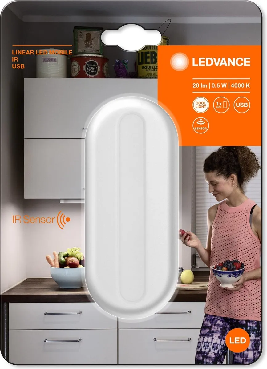 LEDVANCE Batterij-aangedreven armatuur LED: voor kastonderzijden, Linear LED MOBILE IR USB / 0,50 W, 4.2 V, Koel wit, 4000 K, body materiaal: acrylonitrile butadiene styrene (abs), IP20