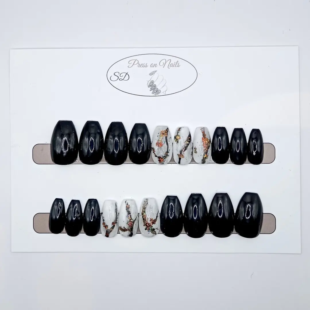 SD Press on Nails Zwarte Marble Plaknagels Medium Ballerina - 50g