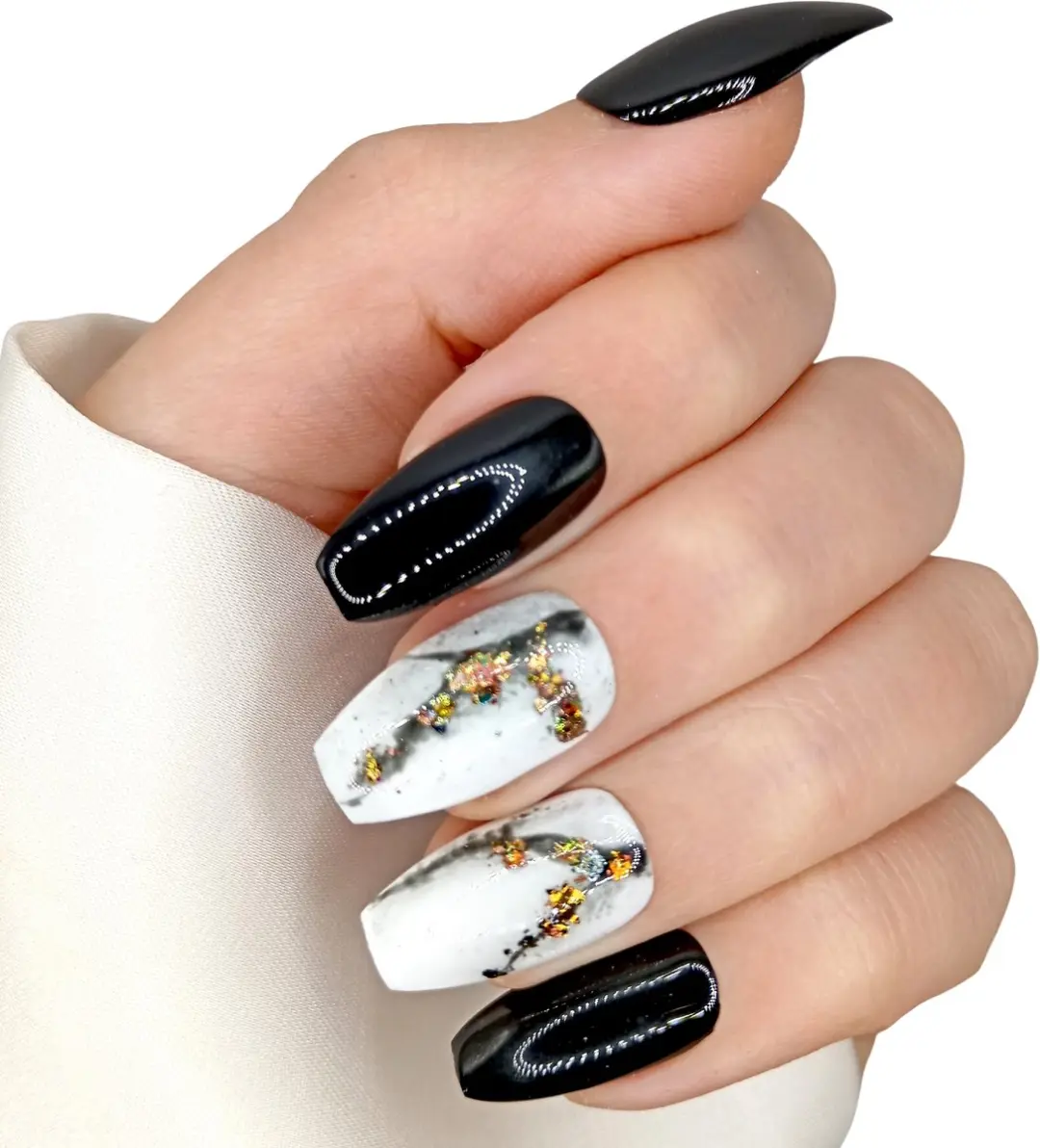 SD Press on Nails Zwarte Marble Plaknagels Medium Ballerina