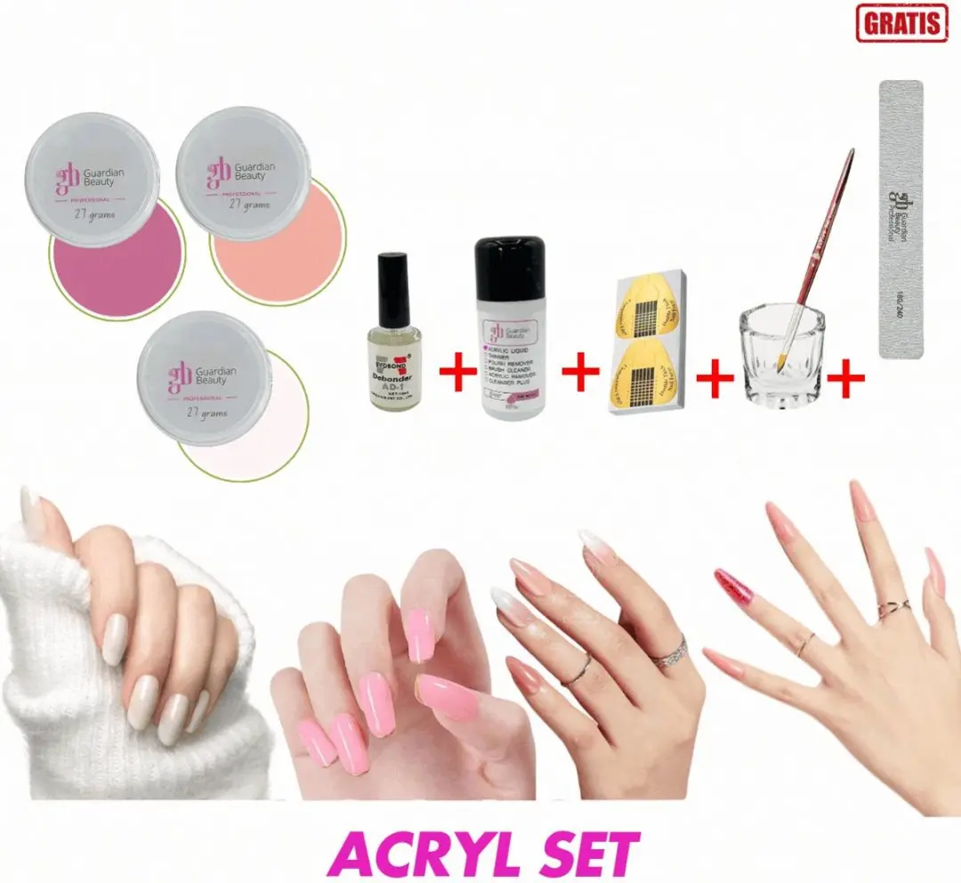 Guardian Beauty Acrylpoeder Set 81ml - 3 Kleuren Fuschia/Wit/Perzik - 9 Stuks
