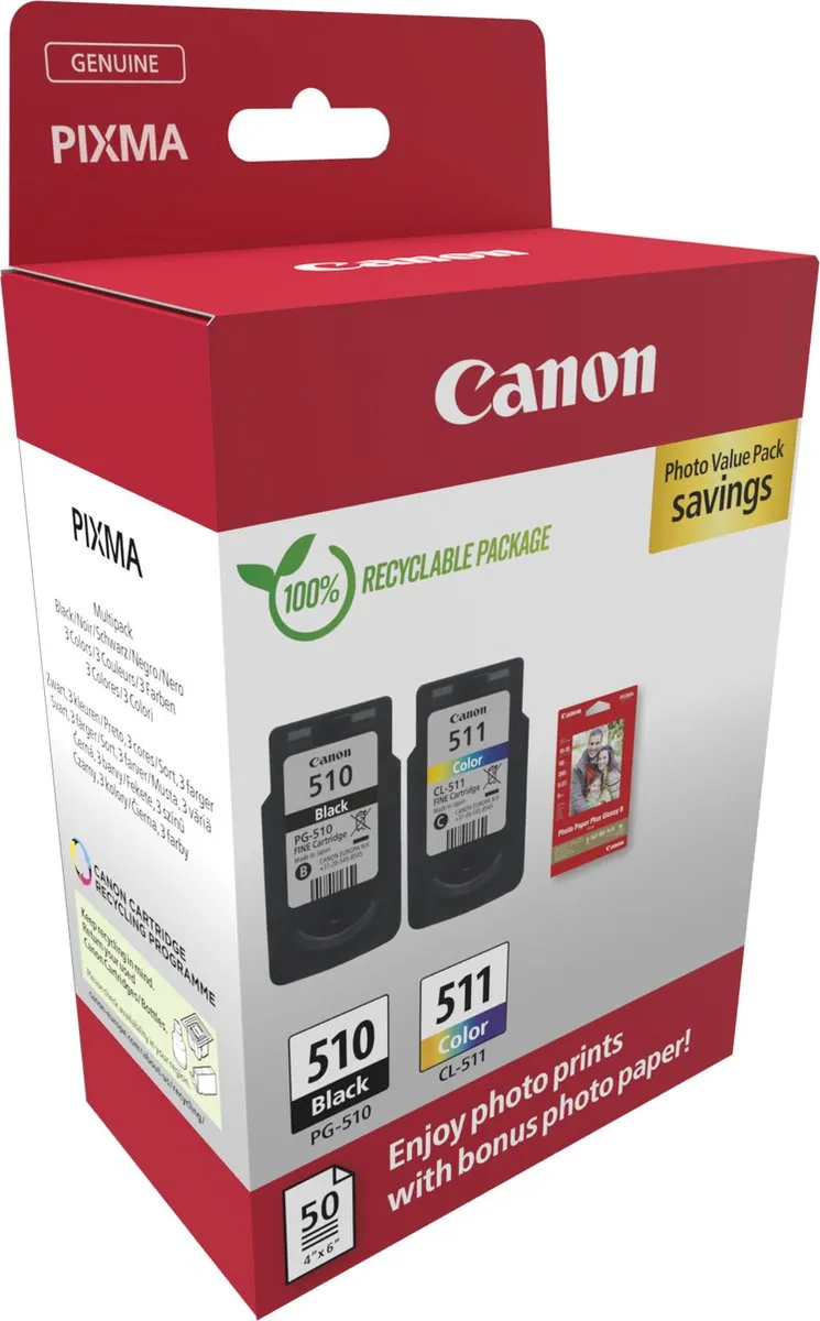 Canon PG-510/CL-511 Inktcartridge - 2 Stuks - Zwart/Cyaan/Magenta/Geel