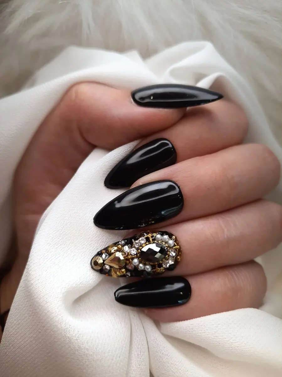 SD Press on Nails No 25 Gold Plated Stiletto Nagels - 20 Stuks - Full Bling