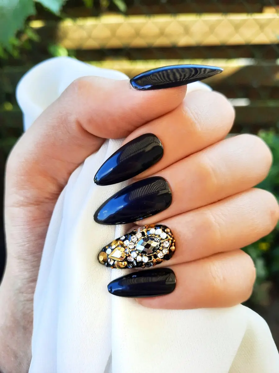 SD Press on Nails No 25 Gold Plated Stiletto Nagels - 20 Stuks - Full Bling