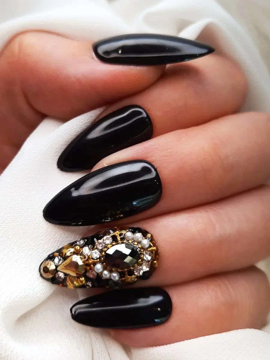 SD Press on Nails No 25 Gold Plated Stiletto Nagels - 20 Stuks - Full Bling