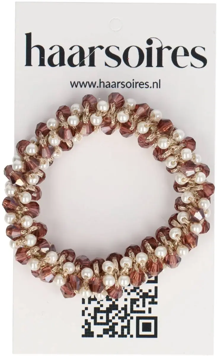 Haarsoires Haarelastiek Facetkralen Parelkralen - Bruin/Wit
